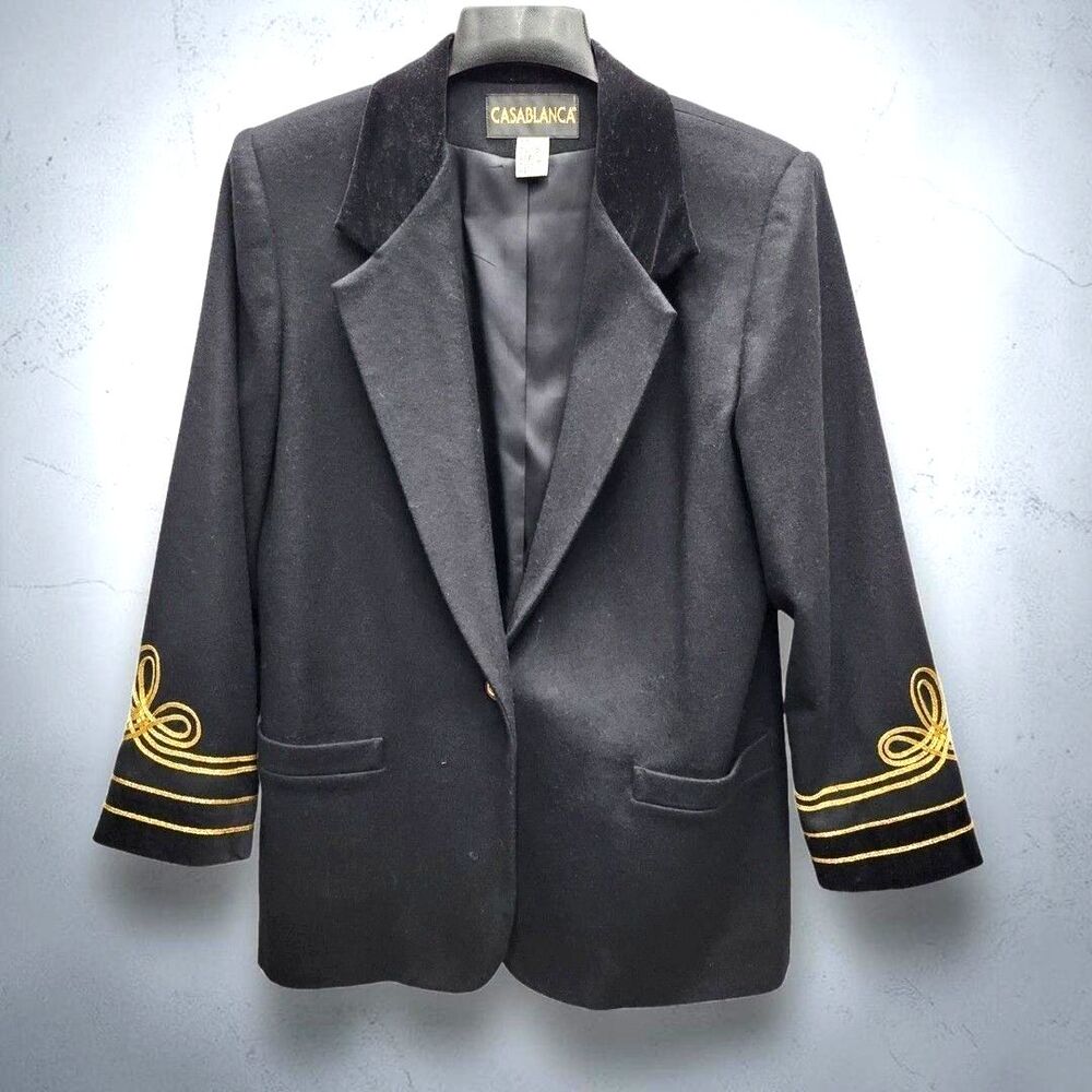Vintage Casablanca Pure Wool Blazer Womens 12 Black Gold Soutache Old Money USA